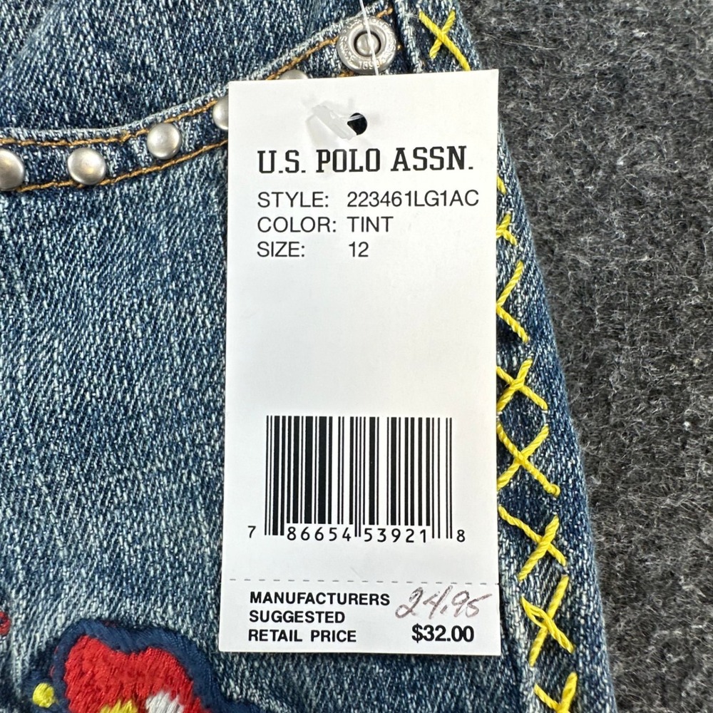 U.S. Polo Assn Jeans Girls 12 Blue Ramie Cotton Y2K Butterfly Embroidered Belted - Picture 7 of 16